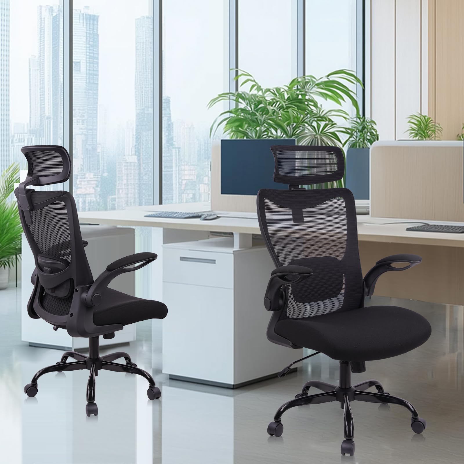 Heavy Duty Ergonomic Mesh Office Chair 400LBS, Big and Tall Desk Chair with Adjustable Lumbar Support & Headrest, Flip Up Padded Arms, Swivel Computer Chair for Home, Conference, Black, 6 PACK