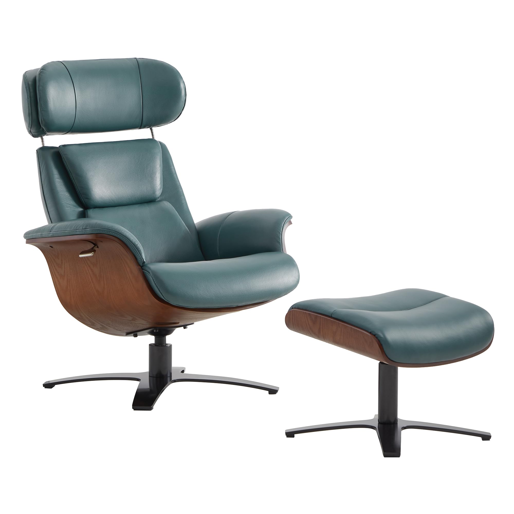 Genuine Leather Reclining Swivel Chair with Adjustable Headrest and Ottoman for Living Room, Teal