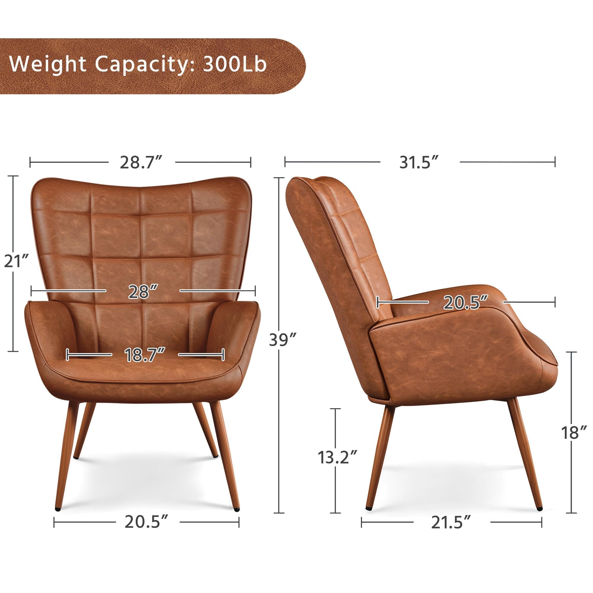 Accent Chairs, Large PU Leather High-Back Chair w/Metal Legs, Pottery Barn Style Living Room Chairs for Bedroom/Home Office, Brown, Set of 2
