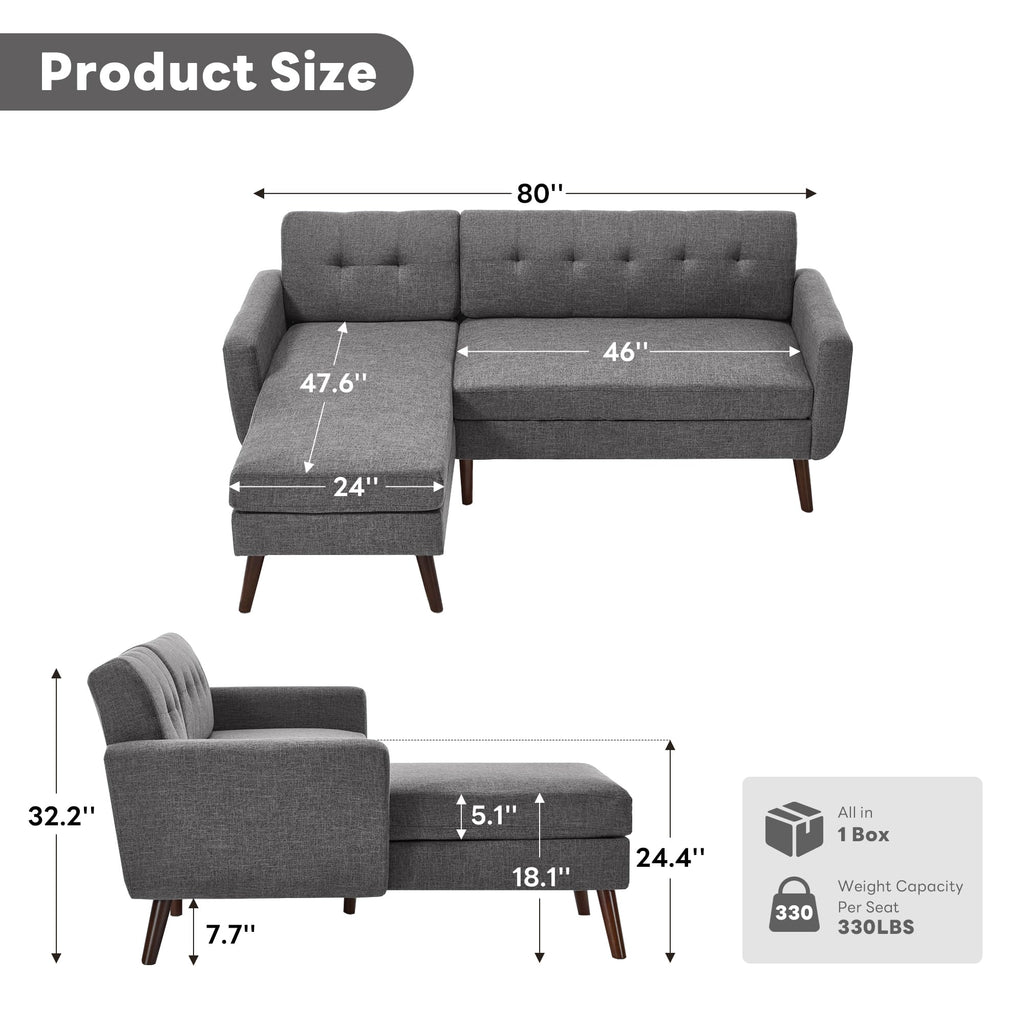 L Shaped Couch, 80" W Mid-Century Modern Sofa, Sectional Couches, 3 Seater Sofas with Wide Chaise Lounge, Button Tufted Upholstered Sectional Sofa for Living Room, Bedroom, Gray