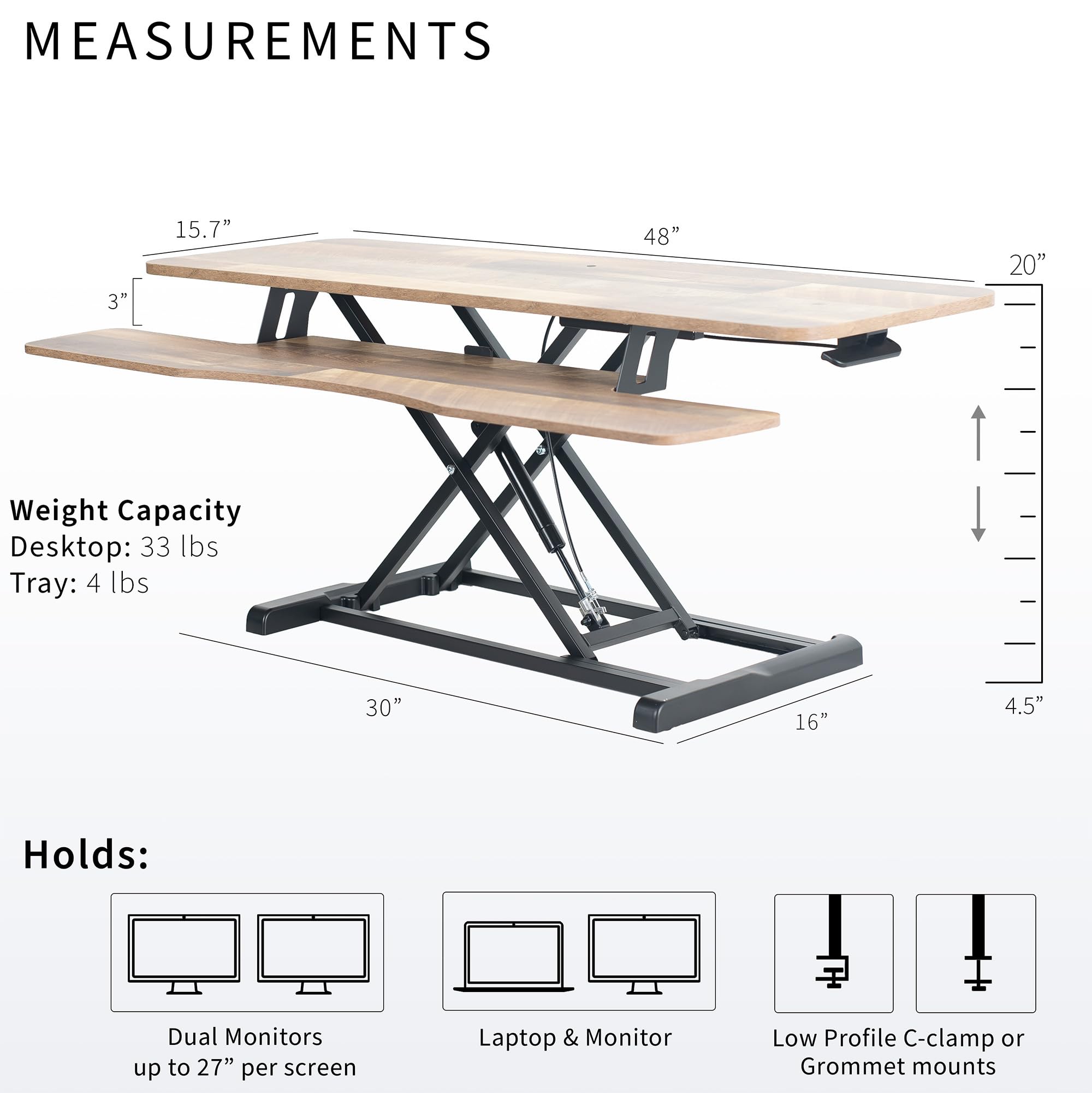 48 inch Desk Converter, K Series, Height Adjustable Sit to Stand Riser, Dual Monitor and Laptop Workstation with Wide Keyboard Tray, Reclaimed Wood Top, Black Frame, DESK-V048KP