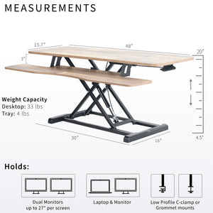 48 inch Desk Converter, K Series, Height Adjustable Sit to Stand Riser, Dual Monitor and Laptop Workstation with Wide Keyboard Tray, Reclaimed Wood Top, Black Frame, DESK-V048KP
