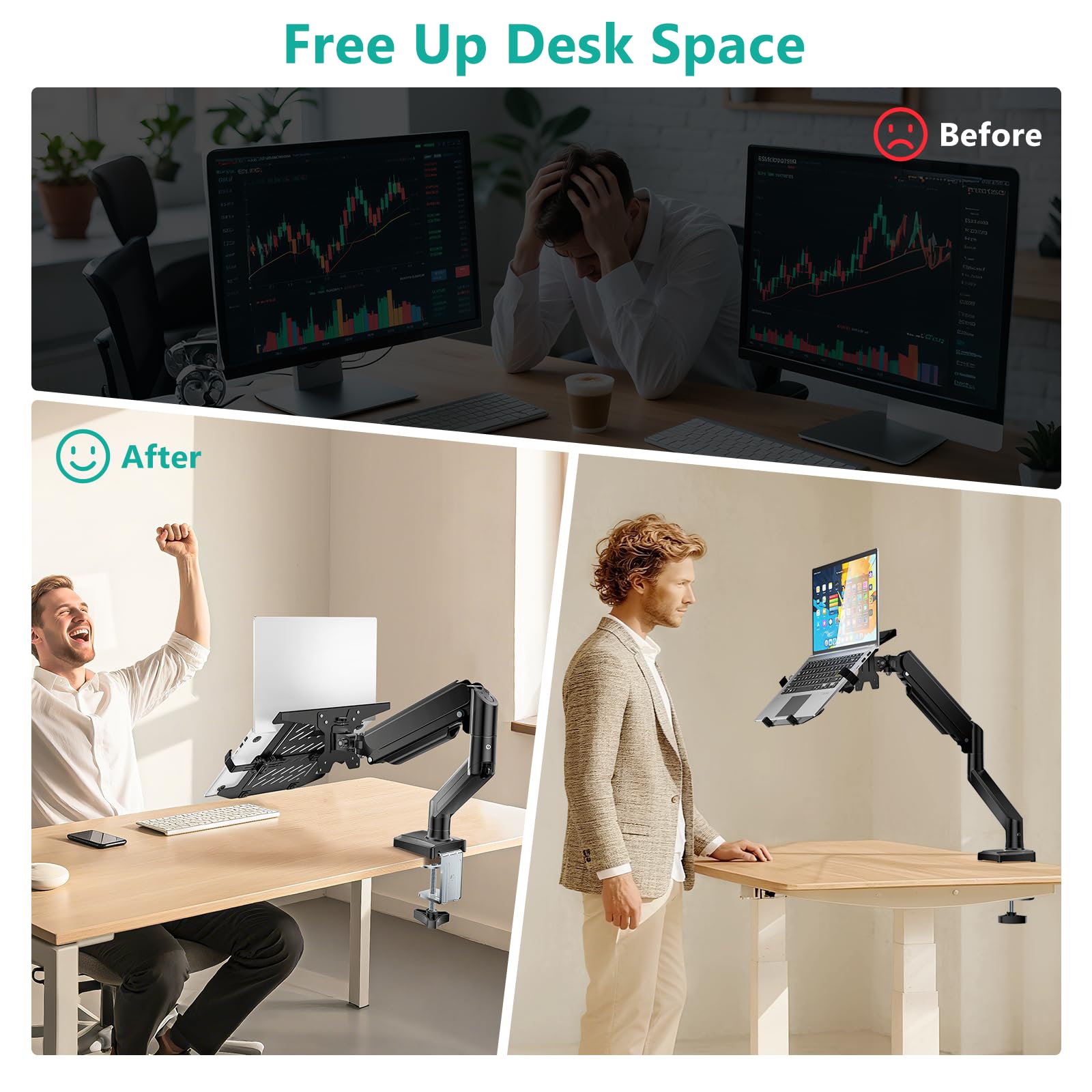 Single Arm Laptop and Monitor Desk Mount for 17" Notebook and Up to 32" Screen, 2-in-1 Adjustable Monitor Arm with Laptop Tray, VESA 75x75 100x100,Holds 22-26.4 lbs, Black (GSMP001NLP)
