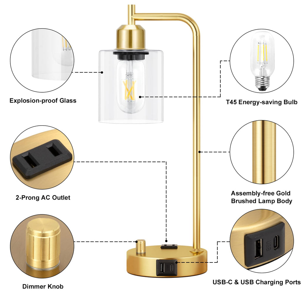 Industrial Table Lamp for Bedroom Set of 2 - Fully Dimmable Bedside Lamps with USB Ports and Outlet, Gold Nightstand Lamps with Clear Glass Shade for Living Room, Desk Lamps for Office Reading