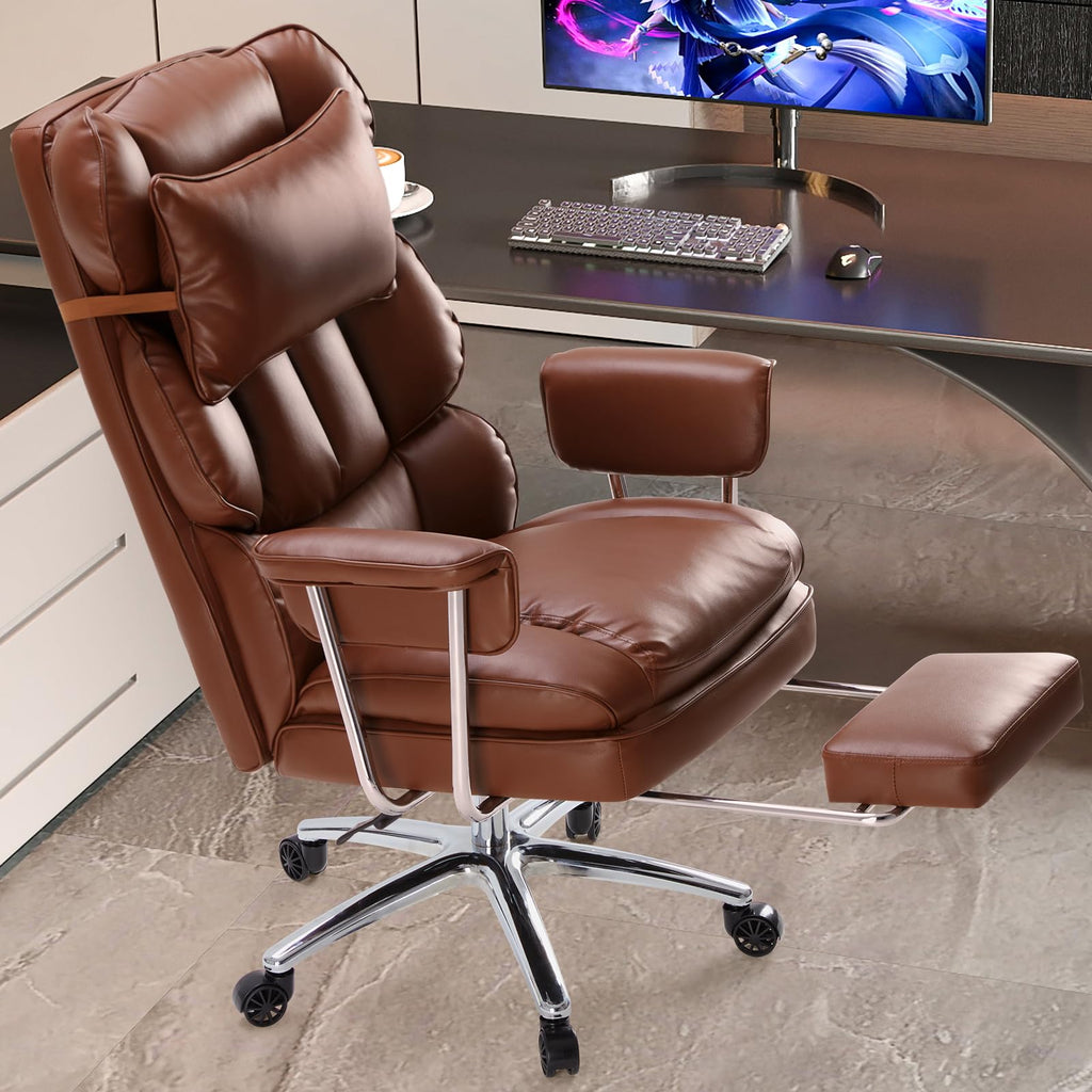 Executive Home Office Desk Chair - Ergonomic Big Tall High Back with Footrest & Lumbar Support, Reclining Height Adjustable, Comfy PU Leather Computer Gaming with Swivel Wheels, Brown