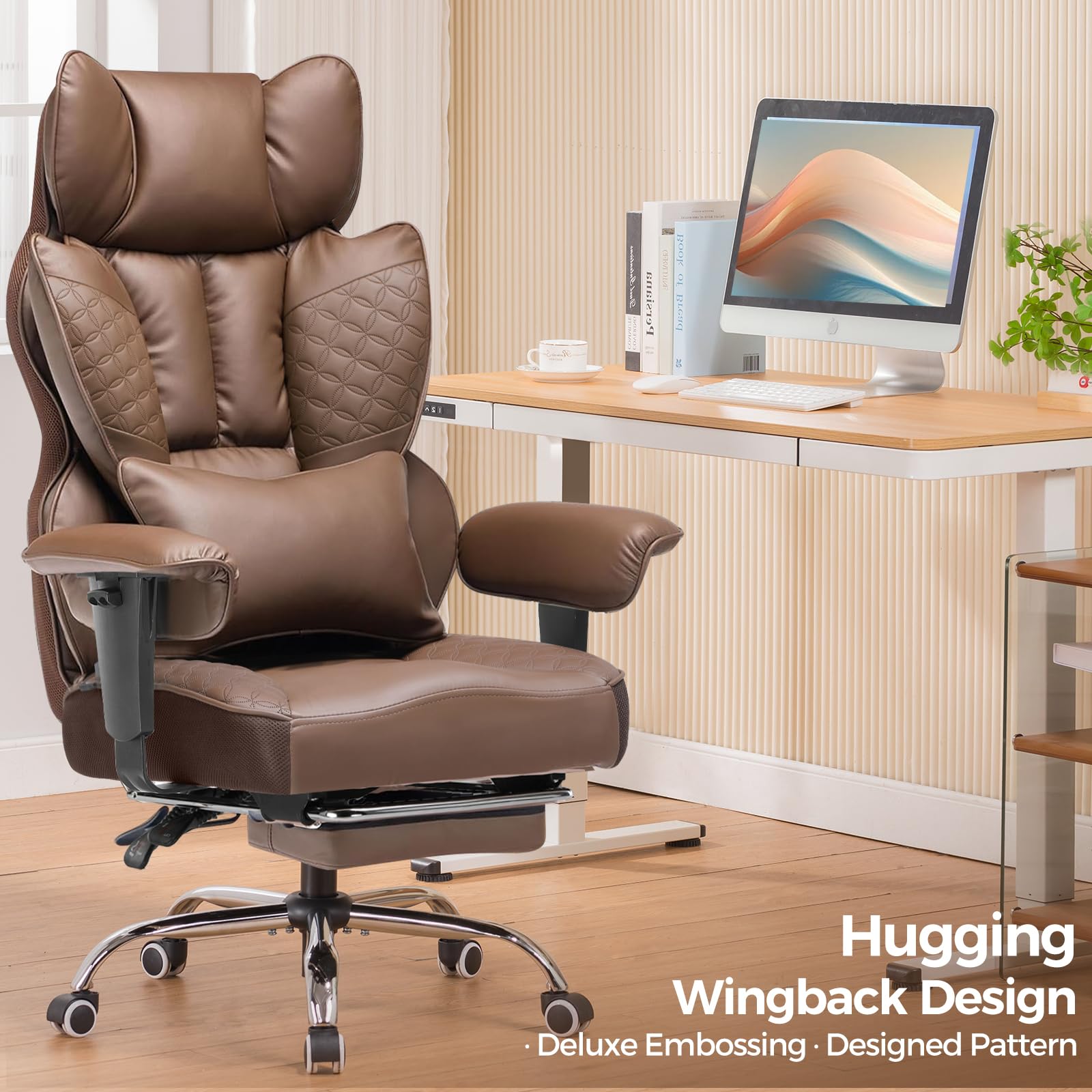 Big and Tall Office Chair Heavy Duty Wide Ergonomic Gaming Chair with Deluxe Embossing Designed Leather with Foot Rest,150°Reclining Adjustable Armrests Pocket Spring Back Support and Pillow