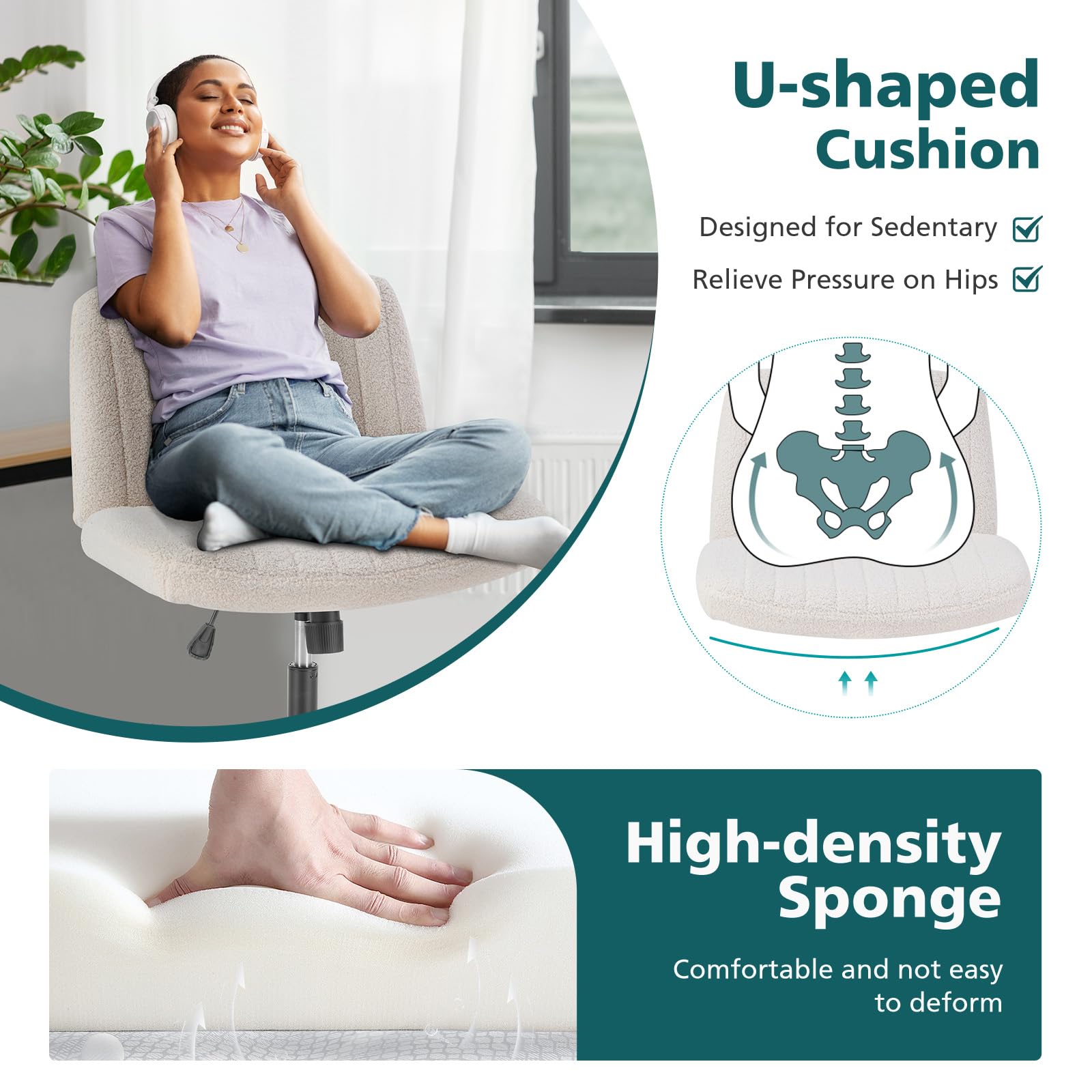 Criss Cross Chair with Wheels Wide Cross Legged Office Desk Vanity Chair Comfy Fabric Armless Adjustable Swivel for Home Computer Task Teddy Beige