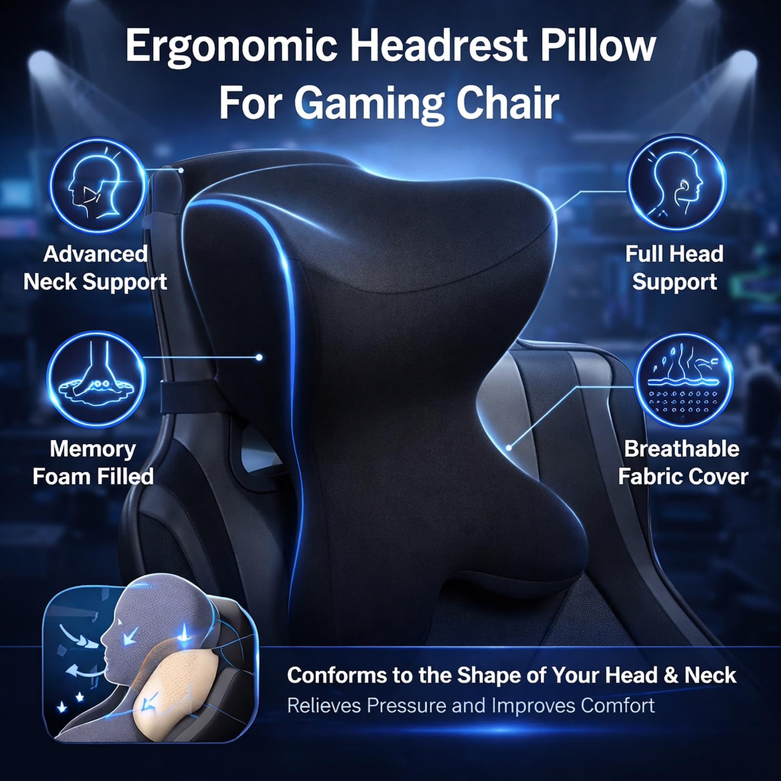 Neck Pillow for Driving Seat Car headrest Pillow/Gaming Chair Pillow with Adjustable Strap Removable Cover Ergonomic Design Neck Support Pillow for auto, Office Chair, Gaming Chair(Black)