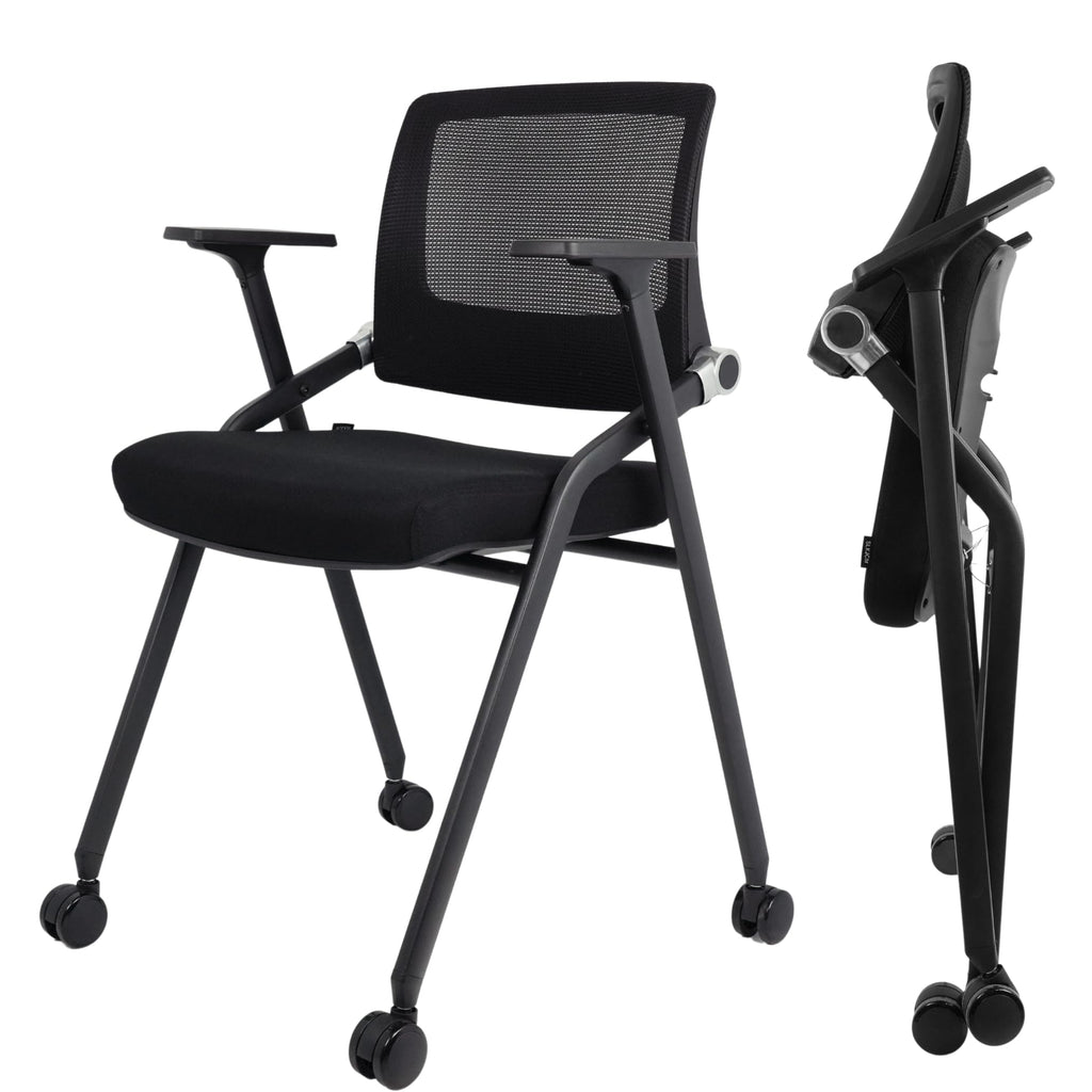 2 Pack Foldable Office Chairs with Wheels, Mesh Back, Arms and Portable - Folding Office Chairs for Conference Room Chair, Office Guest & Reception & Meeting Chair - (Black) 300 lbs.