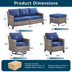 7 Piece Outdoor Patio Furniture Set-All Weather Outdoor Conversation Sets Sectional Sofa with Wicker Swivel Rocker Patio Chairs,Thick Cushions Ottomans for Porch Balcony Patio Deck Grey/Blue