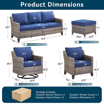 7 Piece Outdoor Patio Furniture Set-All Weather Outdoor Conversation Sets Sectional Sofa with Wicker Swivel Rocker Patio Chairs,Thick Cushions Ottomans for Porch Balcony Patio Deck Grey/Blue