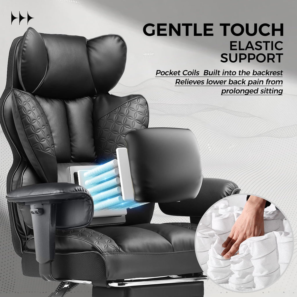 Big and Tall Office Chair Heavy Duty Wide Ergonomic Gaming Chair with Deluxe Embossing Leather with Foot Rest 150°Reclining Adjustable Armrests Pocket Spring Back Support and Without Pillow