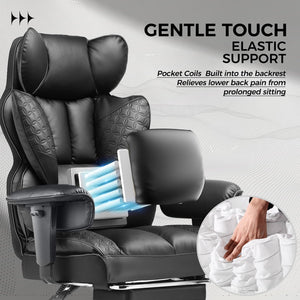 Big and Tall Office Chair Heavy Duty Wide Ergonomic Gaming Chair with Deluxe Embossing Leather with Foot Rest 150°Reclining Adjustable Armrests Pocket Spring Back Support and Without Pillow
