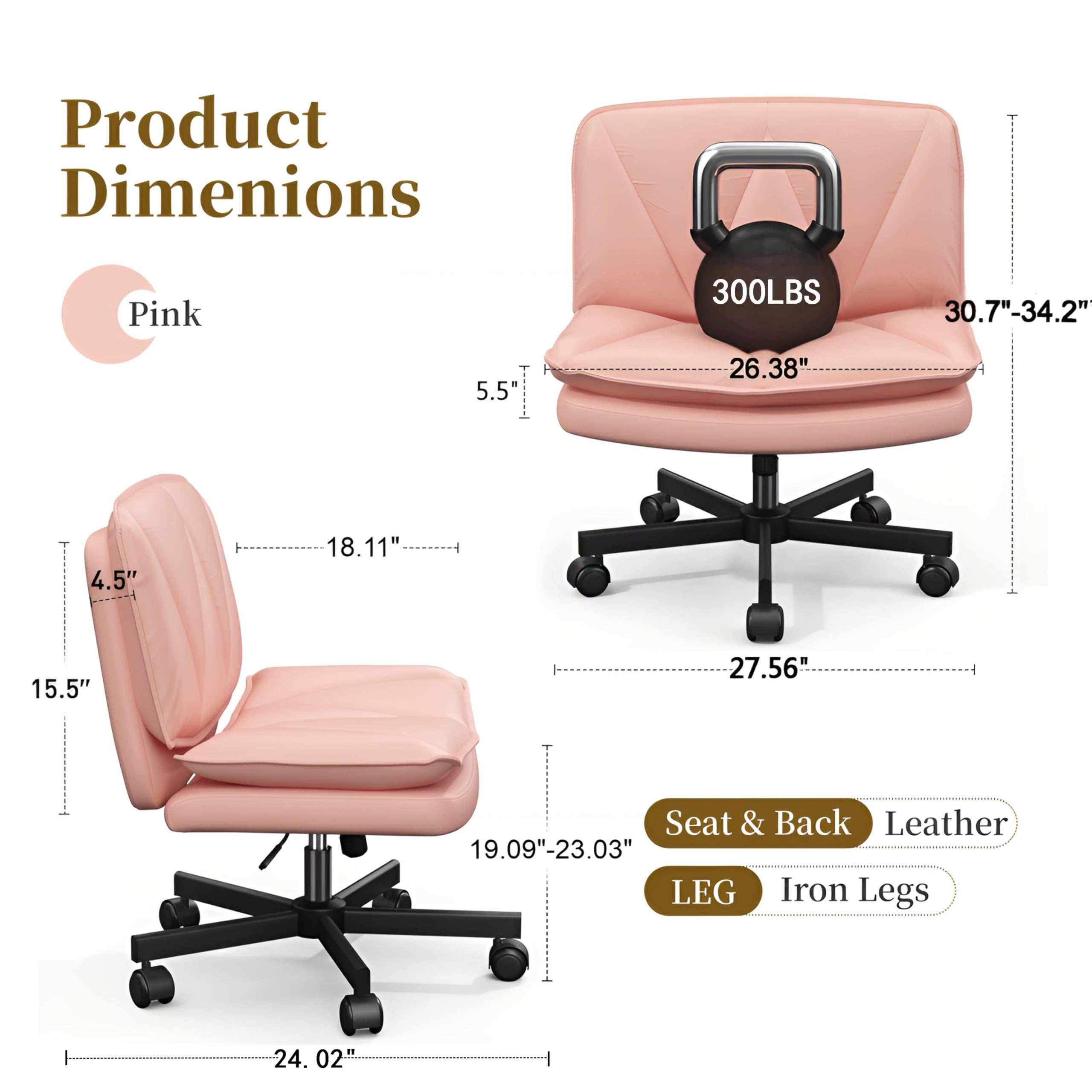 Criss Cross Chair with Wheels,Cross Legged Office Chair with 2 Layer Cushion,Wide Seat,Leather,Amless, for Home,Office,Make Up,Vanity,Bed Room,Pink