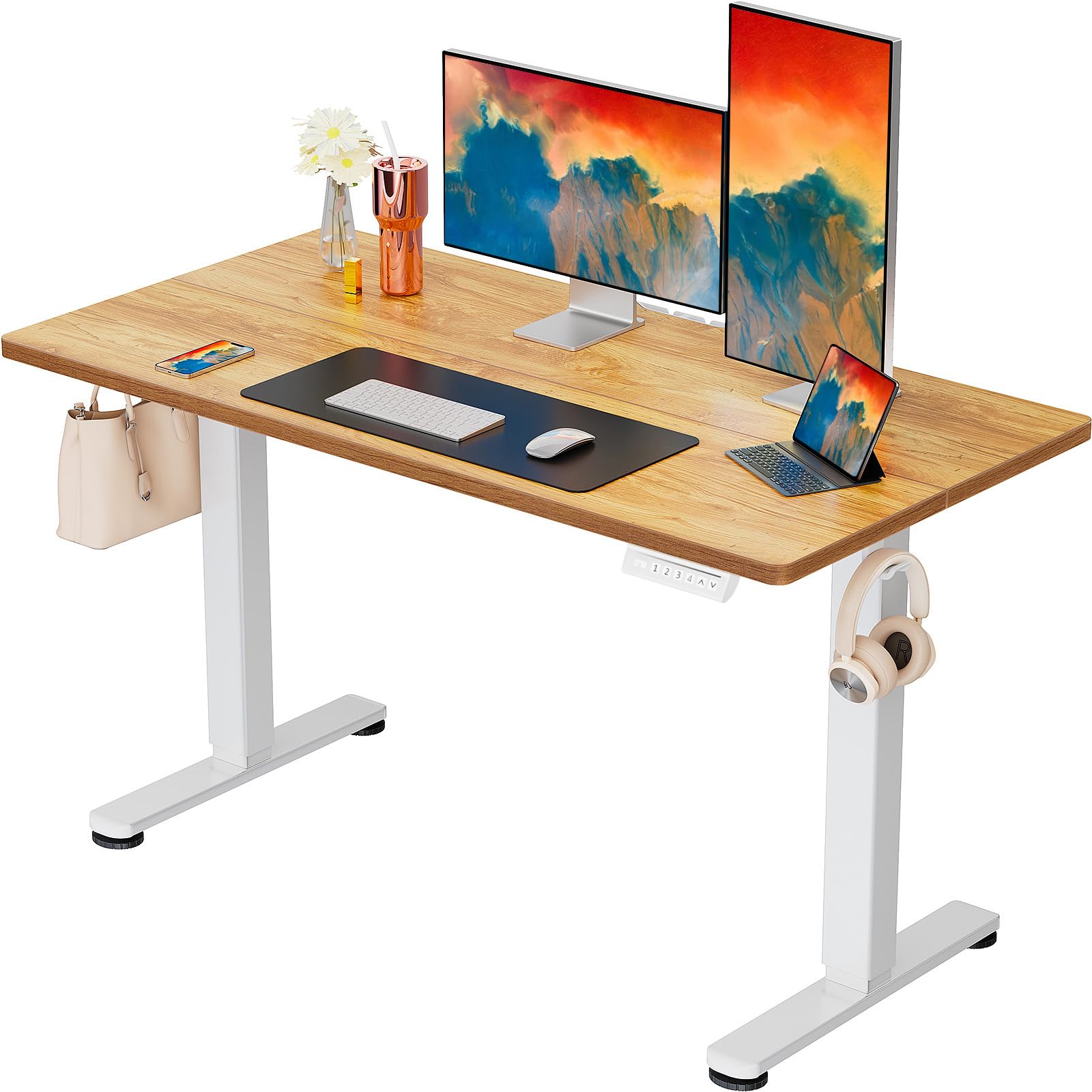 Height Adjustable Electric Standing Desk, 48 x 24 Inches Sit Stand up Desk, Memory Computer Home Office Desk, Light Vintage Brown