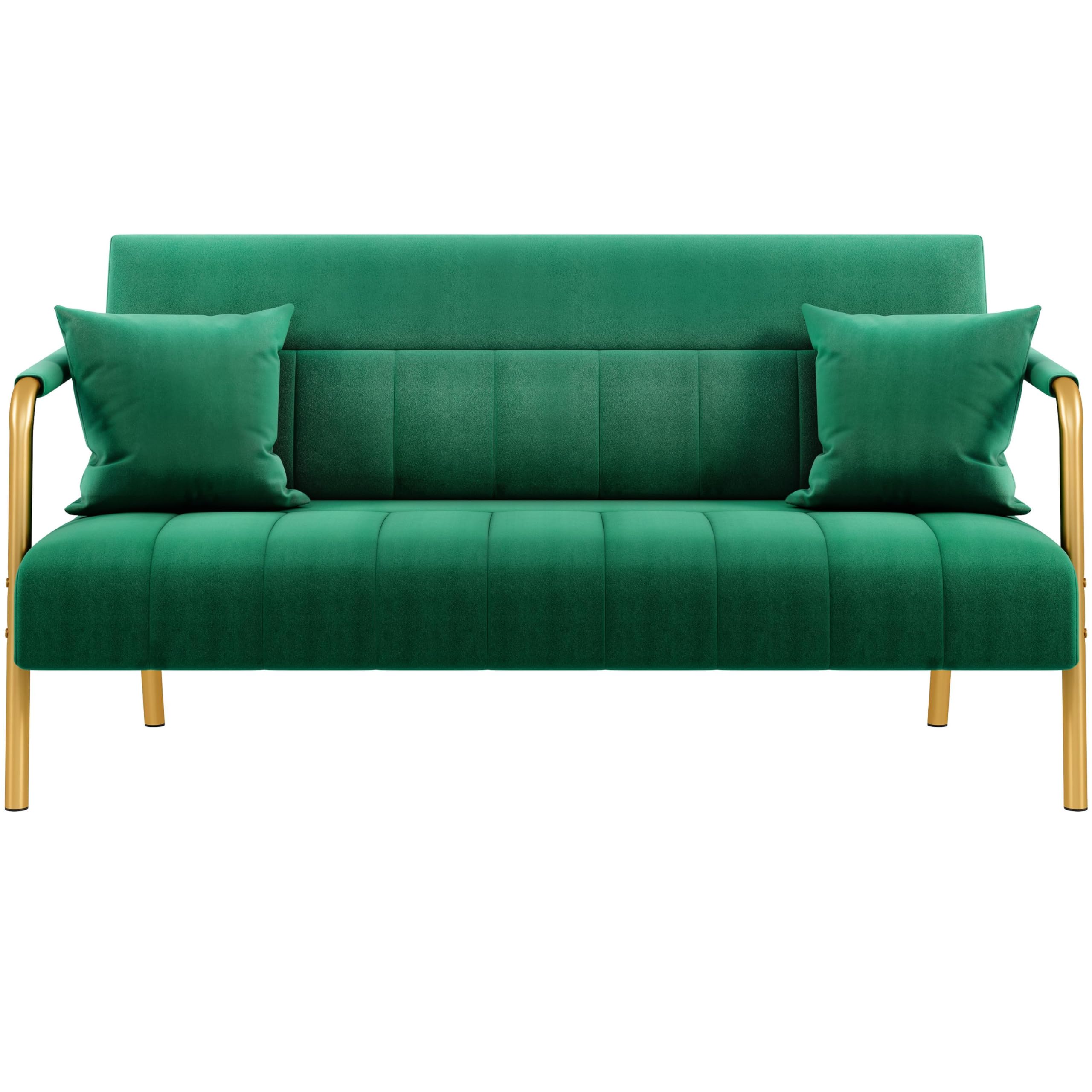 56.5" W Modern Sofa Small Sofa Luxurious Velvet Fabric Couch with Gold-Tone Metal Arms and Legs for Living Room, Home Office, Studio Green