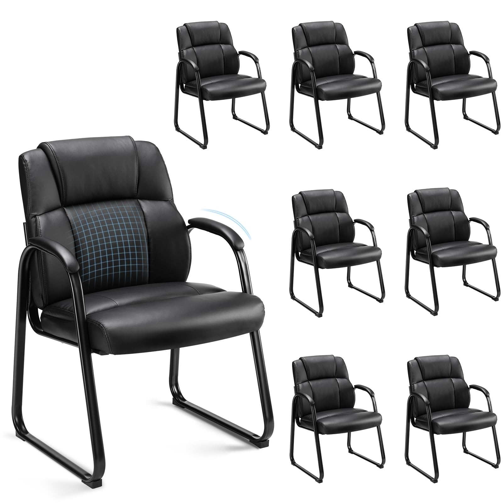 Waiting Room Guest Chair Set of 8, Leather Stationary Office Reception Chairs No Wheel, Comfy Padded Arms and Seld Base, for Conference Room Lobby Home Desk Bedroom Elderly, Black