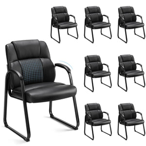 Waiting Room Guest Chair Set of 8, Leather Stationary Office Reception Chairs No Wheel, Comfy Padded Arms and Seld Base, for Conference Room Lobby Home Desk Bedroom Elderly, Black