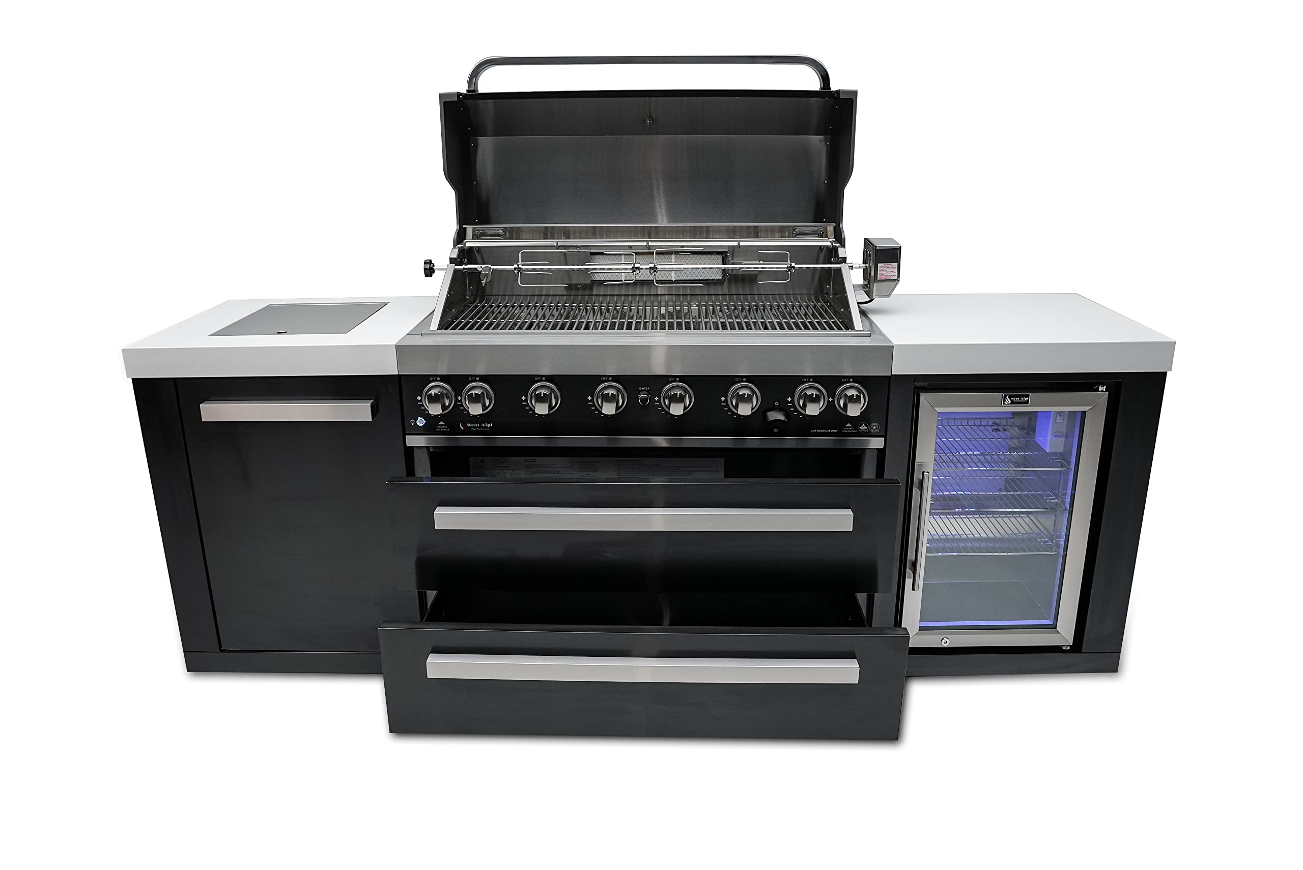 44-inch 6-Burner 115000 BTU Black Stainless Steel Gas Outdoor Kitchen Bar Island Grill w/Wine Cooler Beverage Center Refrigerator + Infrared Side Burner + Granite Countertop