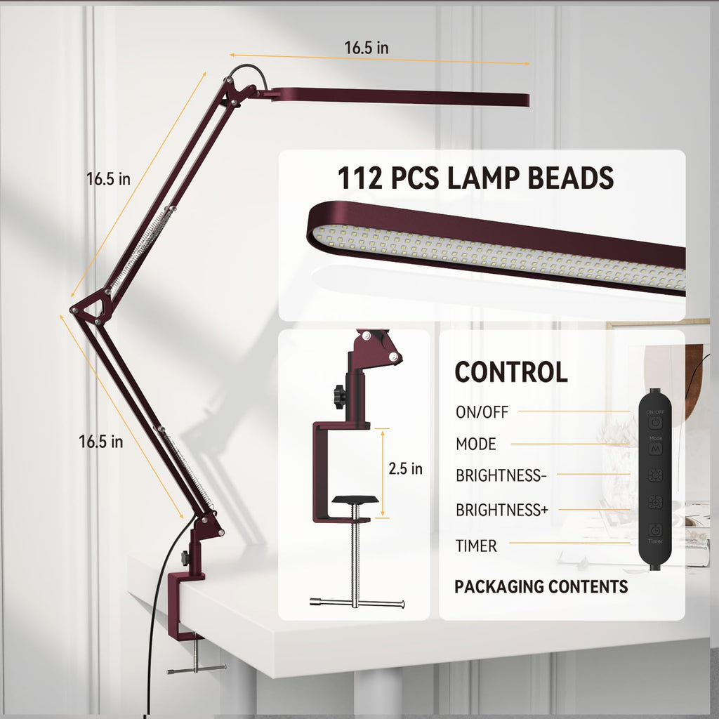 Desk Lamp - LED Desk Light - 5 Color Modes X 11 Brightness Levels - Adjustable Swing Arm - Timmer & Memory Function - 12W Lamp for Desk - Red