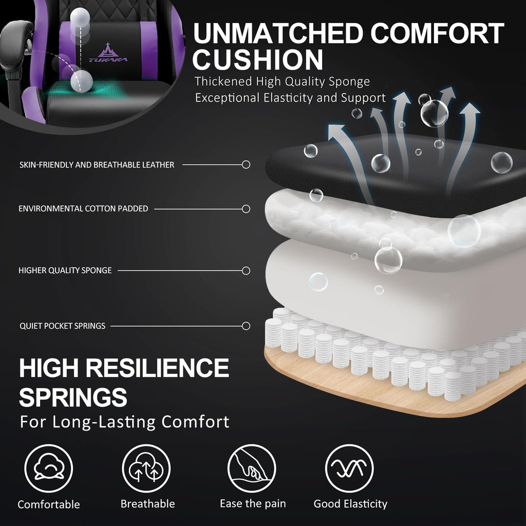 Gaming Chair,Ergonomic Massage Computer Office Desk Chair with Footrest,Pocket Spring Cushion,Reclining Leather Adjustable Gamer Chair with Headrest and Lumbar Support,Purple