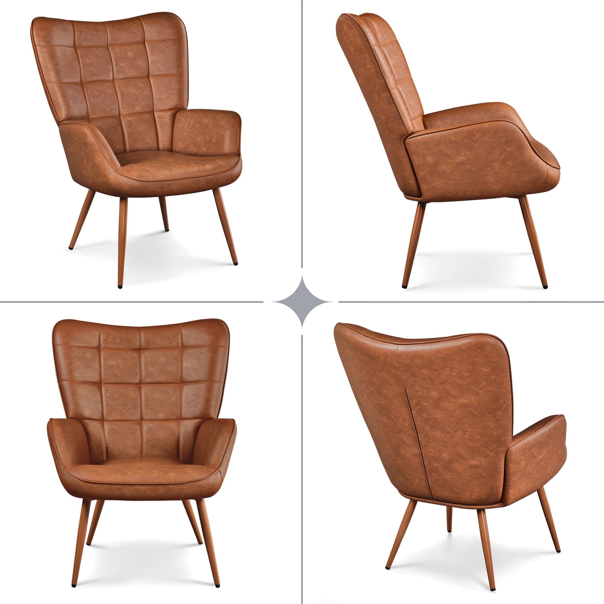Accent Chairs, Large PU Leather High-Back Chair w/Metal Legs, Pottery Barn Style Living Room Chairs for Bedroom/Home Office, Camel