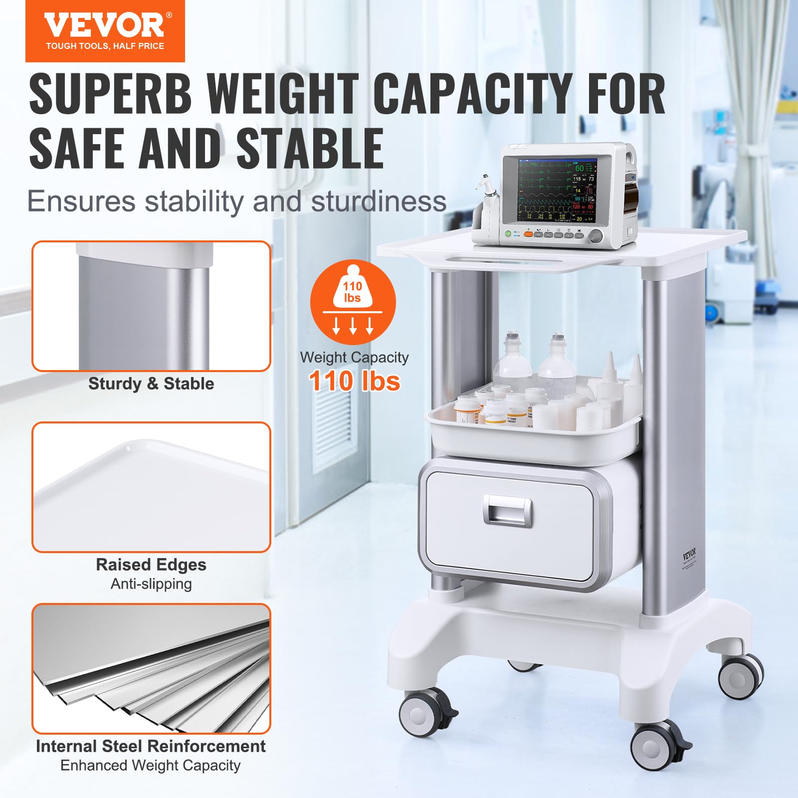 Medical Trolley Storage Cart with Removable Drawer, Rolling Lab Tray Cart with Wheels for Ultrasound, Dental Clinic, Lab, Beauty Salon, Office