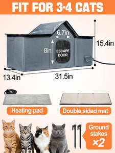 Weatherproof Heated Cat Houses for Outdoor Cats - Insulated Cat Shelter for Winter with Thermostatic Heating Pad and Escape Door, Warm Outside Pet House Gift for 3-4 Feral Cats (X-Large)