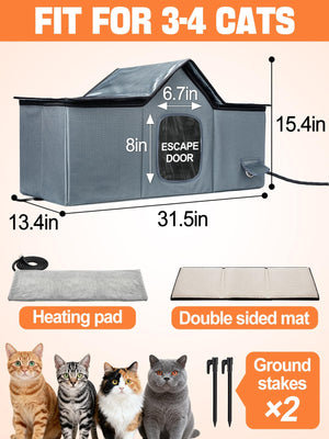 Weatherproof Heated Cat Houses for Outdoor Cats - Insulated Cat Shelter for Winter with Thermostatic Heating Pad and Escape Door, Warm Outside Pet House Gift for 3-4 Feral Cats (X-Large)