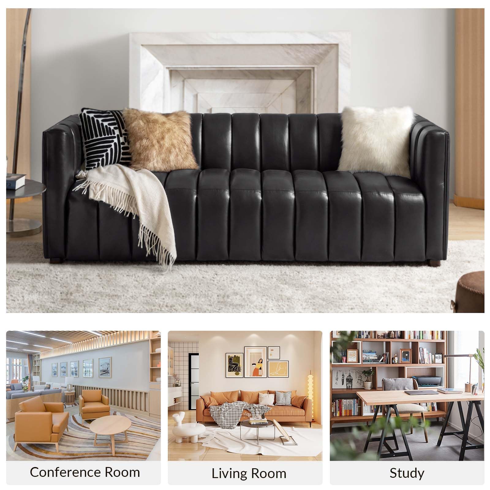 83" Genuine Leather Sofa with Channel Tufted Design, 3-Seater Sofa for Living Room Bedroom, Modern Oversized Couch with Wood Legs, Black
