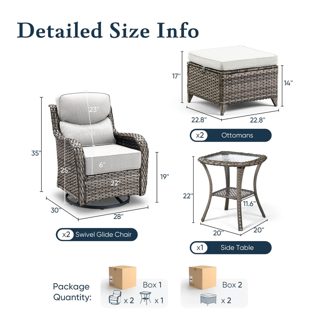 Luxury 6" Thick Cushioned 5 Pieces Patio Furniture Set with 2 Ottomans, Wicker Outdoor Conversation Set with High Back Swivel Rocker Patio Chairs for Deck Porch Yard and Poolside - Grey+Beige