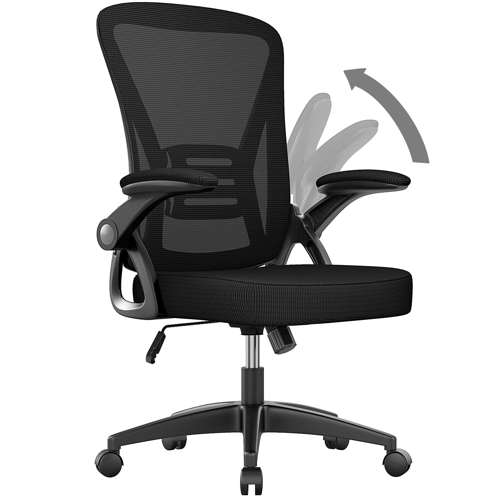 Ergonomic Office Chair, Mid Back Desk Chairs with Adjustable Height, Swivel Chair with Flip-Up Arms and Lumbar Support, Breathable Mesh Computer Chair for Home/Study/Working, Dark Black