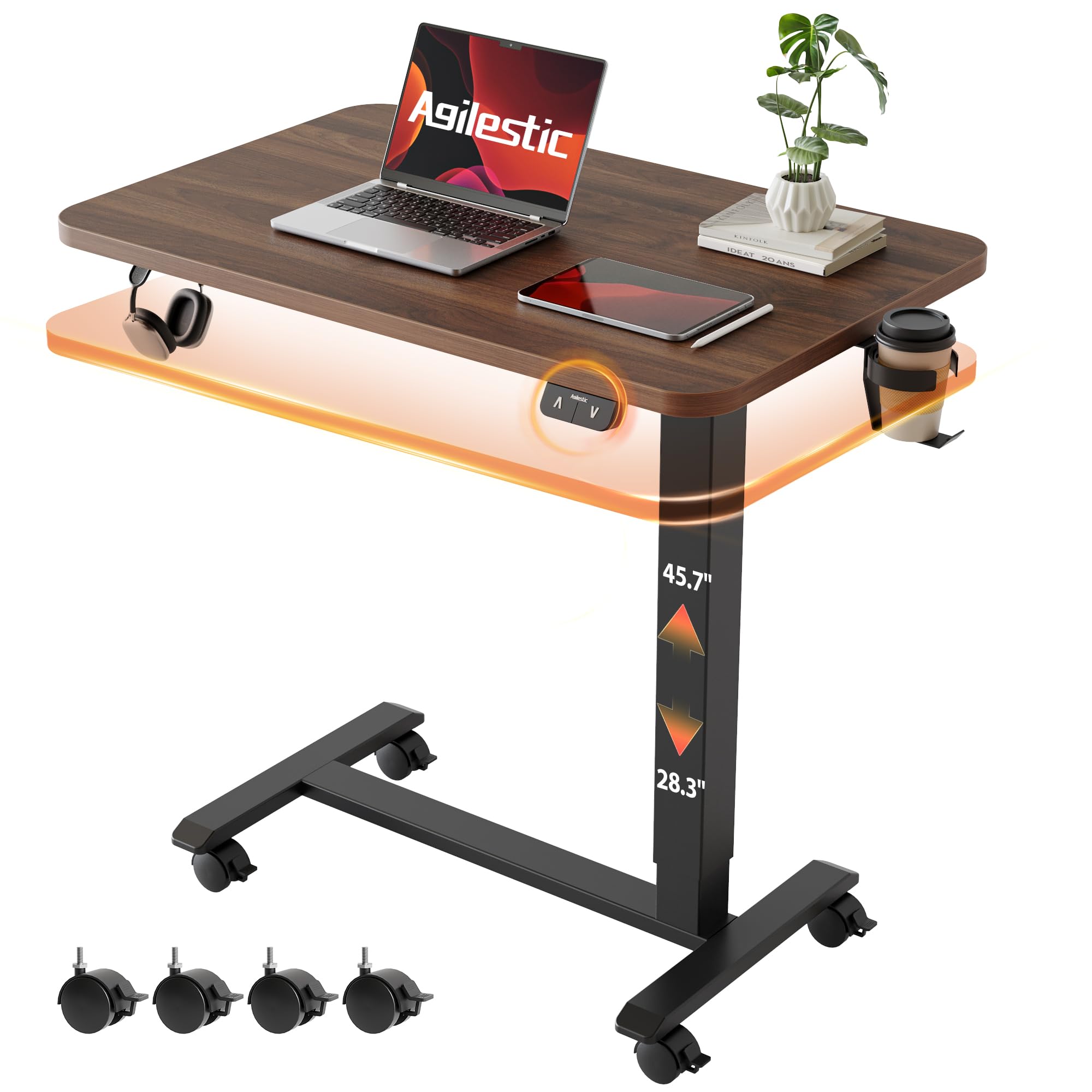Electric Standing Desk, 26 x 16 Inches Height Adjustable Desk, Sit Stand up for Work Office Home, Ergonomic Rising Computer Table with with Wheels, Dark Walnut