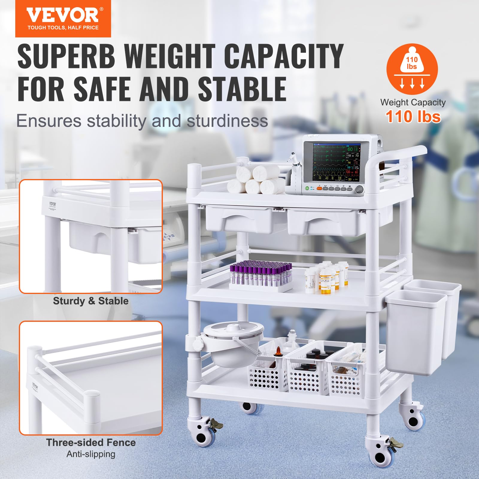 Medical Mobile Trolley Cart with 2 Drawers & 3 Trash Cans, 3 Tiers Beauty Salon Rolling Trolley with 4 Silent Wheels & 2 Dirts Bucket & Bowl, Medical Utility Cart for Hospital Dental Clinic Lab
