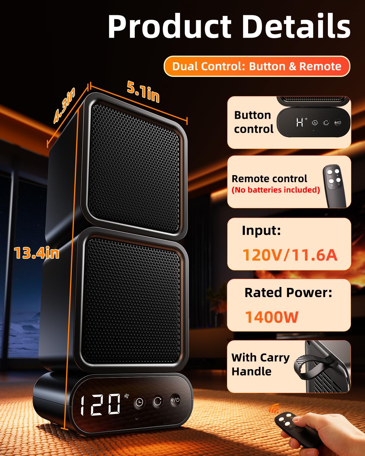 Dual-Head Space Heater with Button & Remote Control, 3 Temperatures & Multi-Angle Adjustable Portable Heater, 5 Timers,1400W Graphene & PTC Ceramic Dual-Core Heating for Office Bedroom Home