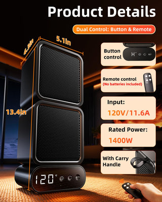 Dual-Head Space Heater with Button & Remote Control, 3 Temperatures & Multi-Angle Adjustable Portable Heater, 5 Timers,1400W Graphene & PTC Ceramic Dual-Core Heating for Office Bedroom Home