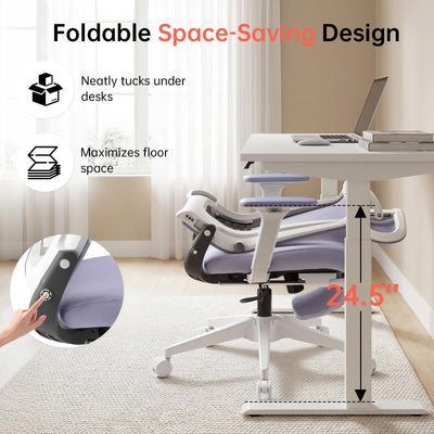 Foldable Office Chair with Foot Rest, Ergonomic Office Chair with Adjustable Lumbar Support, Headrest, Armrest, Home Office Desk Chair for Space Saving, Work from Home, Purple