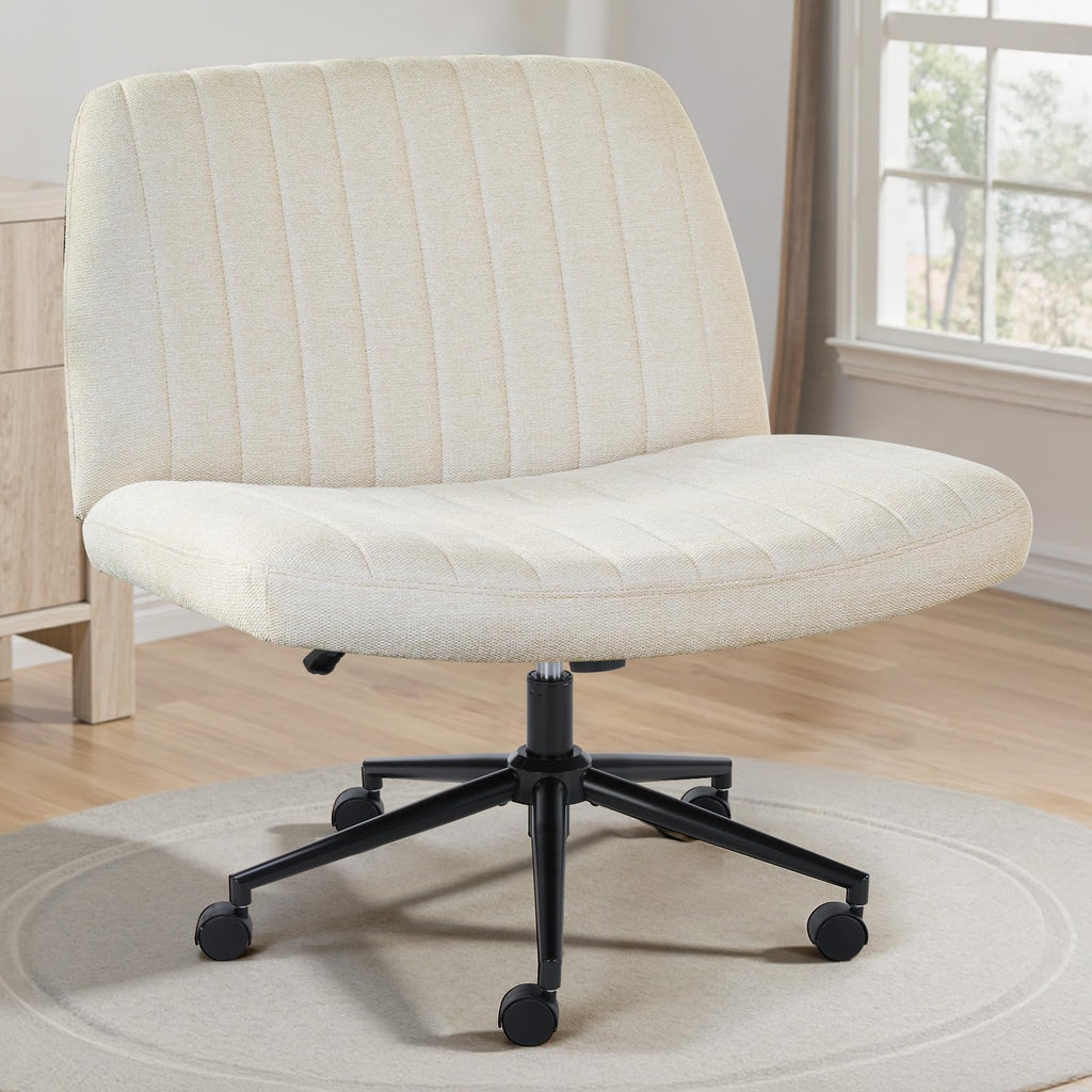 Criss Cross Chair with Wheels Wide Cross Legged Office Desk Vanity Chair Comfy Fabric Armless Adjustable Swivel for Home Computer Task Fabric Beige