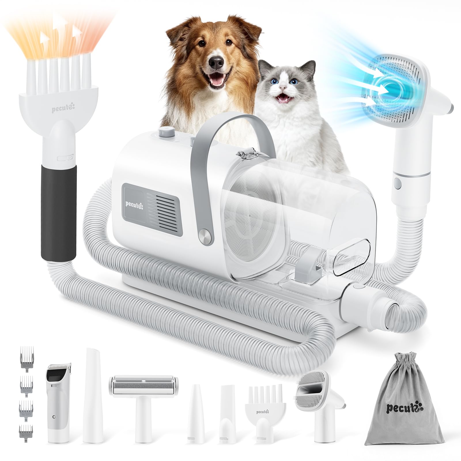 Dog Grooming Vacuum & Dryer, 7-in-1 Pet Grooming Kit with Clipper, 10000Pa Dog Vacuum for Shedding Grooming, Adjustable Speed & Temp, 55dB Low Noise,1.7L Dust Cup