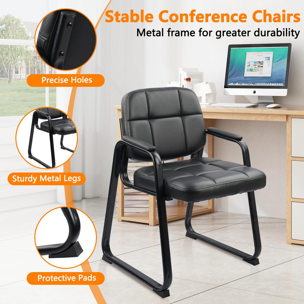 Waiting Room Guest Chair with Bonded Leather Padded Arm Rest for Office Reception and Conference Desk Black with Sled Base 4 Pack