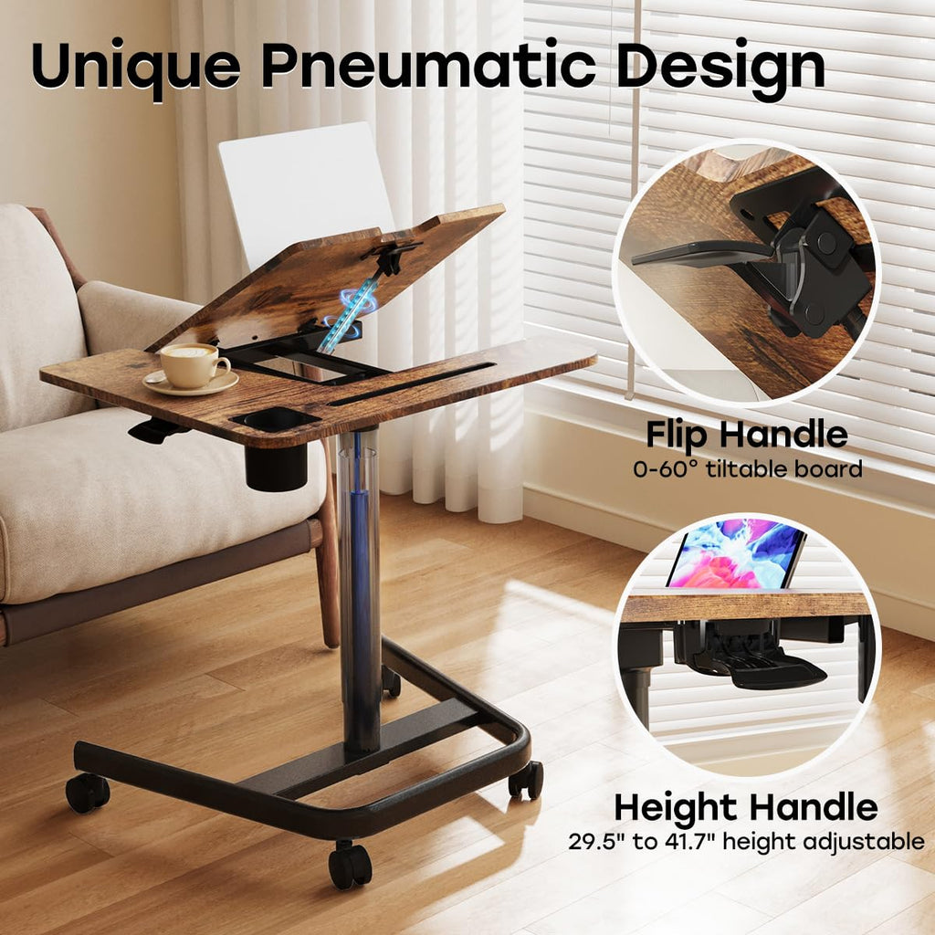 Mobile Standing Desk, Height Adjustable Table, 60° Tiltable Rolling Laptop Desk, Portable Sit Stand Desk with Wheels Cup Holder for Bed Couch Hospital, Holds Up to 22lbs, Rustic