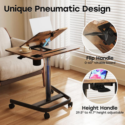 Mobile Standing Desk, Height Adjustable Table, 60° Tiltable Rolling Laptop Desk, Portable Sit Stand Desk with Wheels Cup Holder for Bed Couch Hospital, Holds Up to 22lbs, Rustic