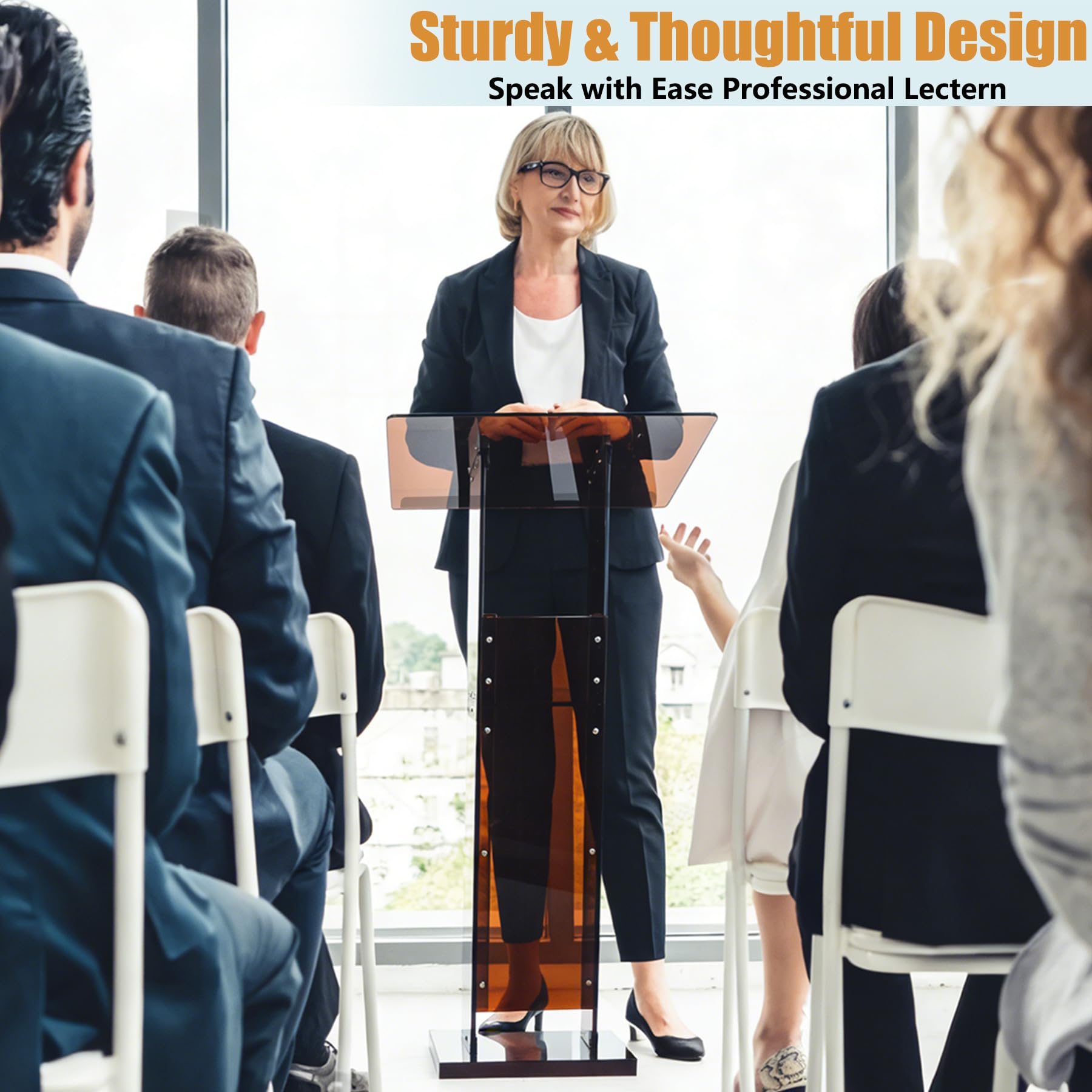 Acrylic Podium Stand 45.5" with Storage Shelf, Modern Amber Lectern Professional Presentation Podiums with Reading Platform for School, Classroom, Weddings, Conference, Concert, Events, Church