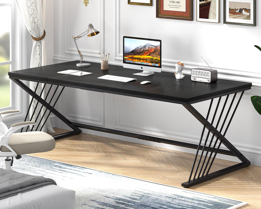 70.9" Black Computer Desk, Modern Home Office Desk, Large Gaming Workstation Executive Desk with Z-Shaped Legs, 2 Person Large Study Writing Table for Bedroom