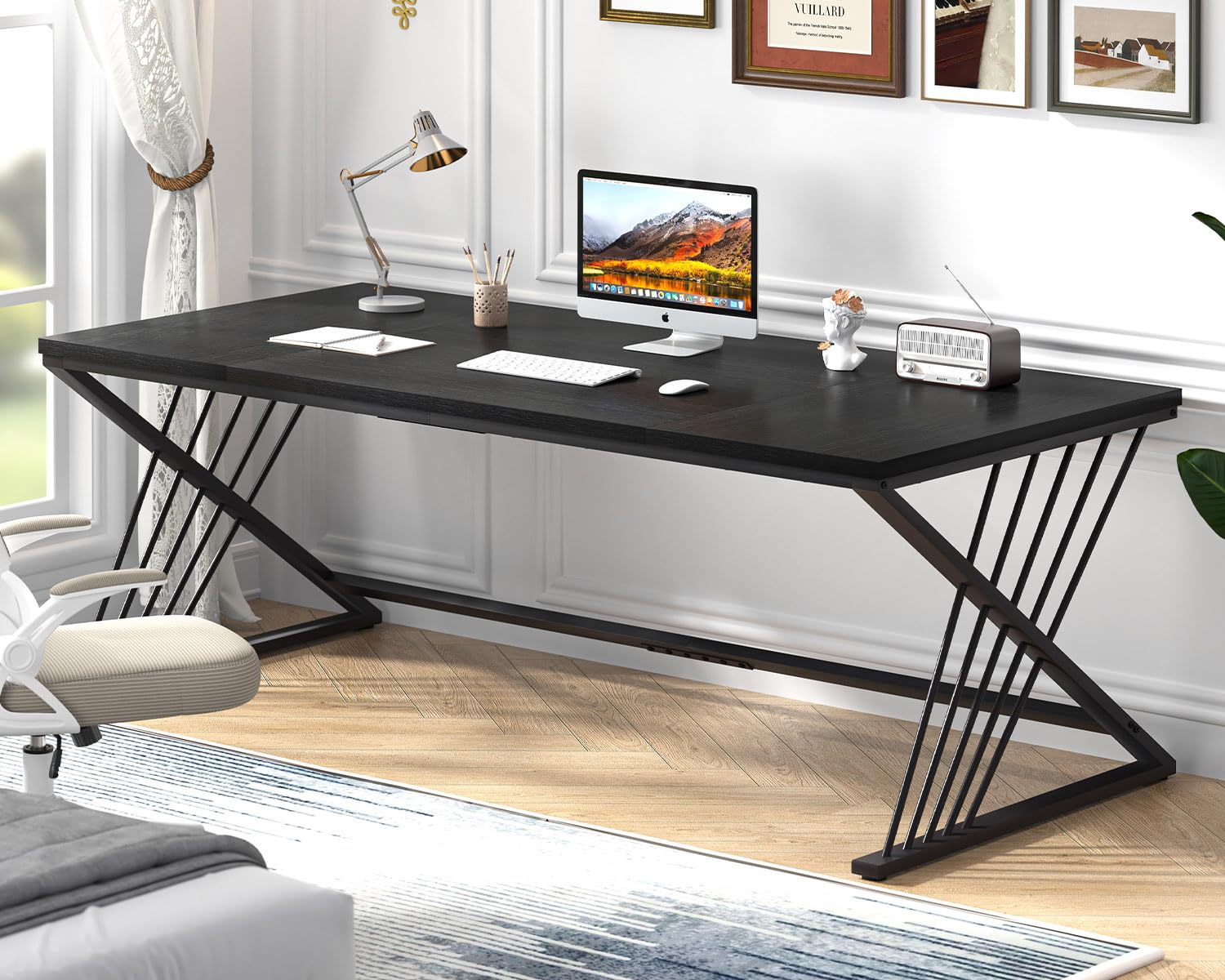 70.9" Black Computer Desk, Modern Home Office Desk, Large Gaming Workstation Executive Desk with Z-Shaped Legs, 2 Person Large Study Writing Table for Bedroom