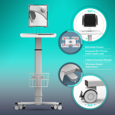 Adjustable Rolling Medical Cart: Pneumatic Mobile Workstation with iPad Enclosure for 9.7-13
