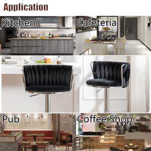 Velvet Bar Stools Set of 2, Swivel Counter Height Bar Stools with Back, Adjustable Woven Barstools for Kitchen Island, Pub, Club (Black)