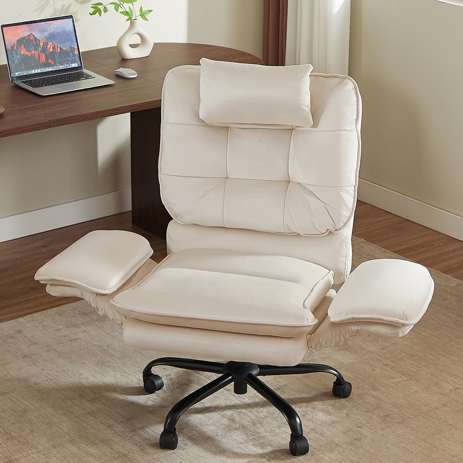 Criss Cross Chair with Flip-Up Armrests, Swivel Makeup Vanity Chair with Wheels & Side Pockets, Cross Legged Office Chair for Home Office, Bedroom (Beige Velvet, High Back)