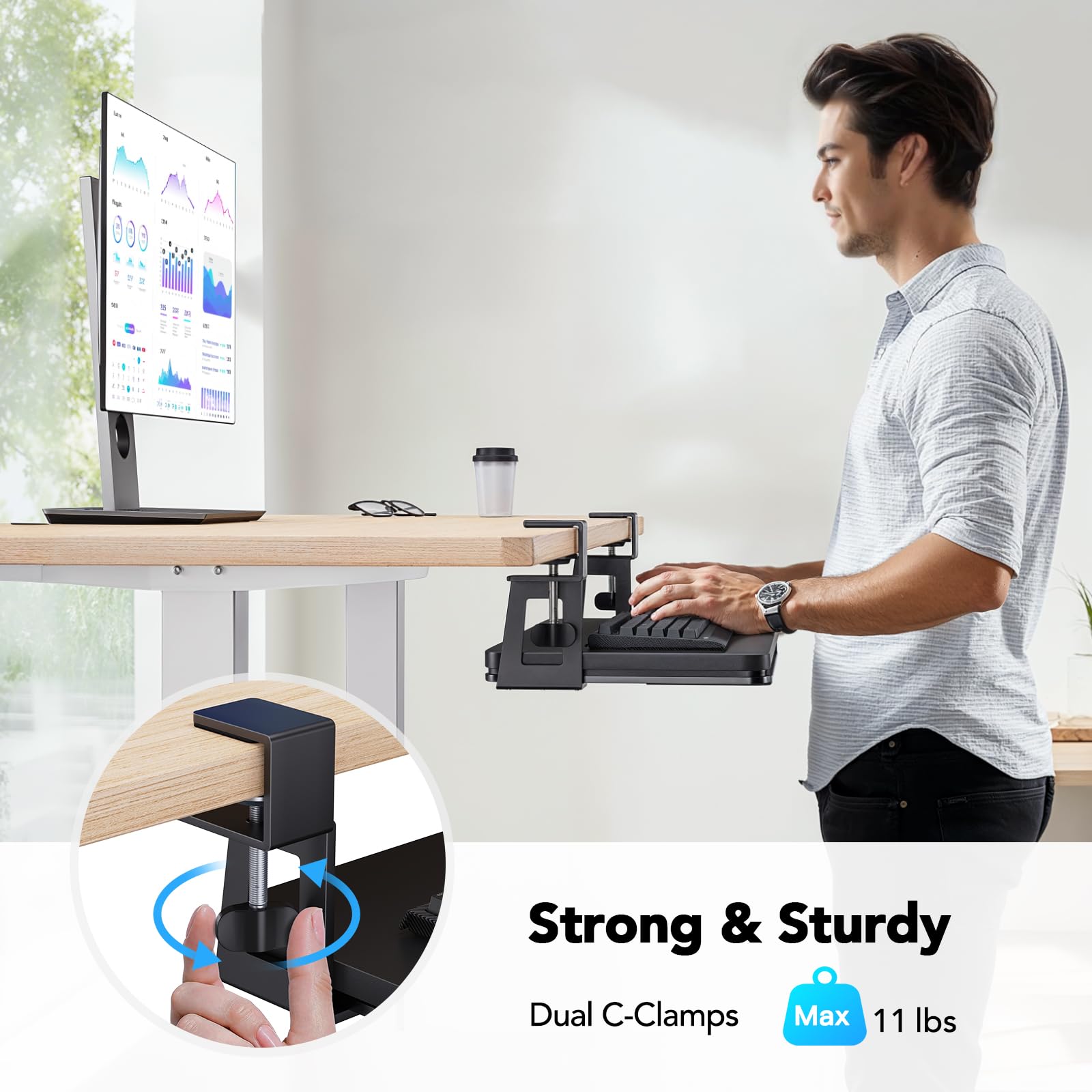 Large Under Desk Keyboard Tray with Sturdy C-Clamp Mount, 26 (30.16" Including Clamps) x 12 inch Slide-Out Platform Computer Desk Heavy Duty Keyboard Tray with Storage Drawer for Typing, Black