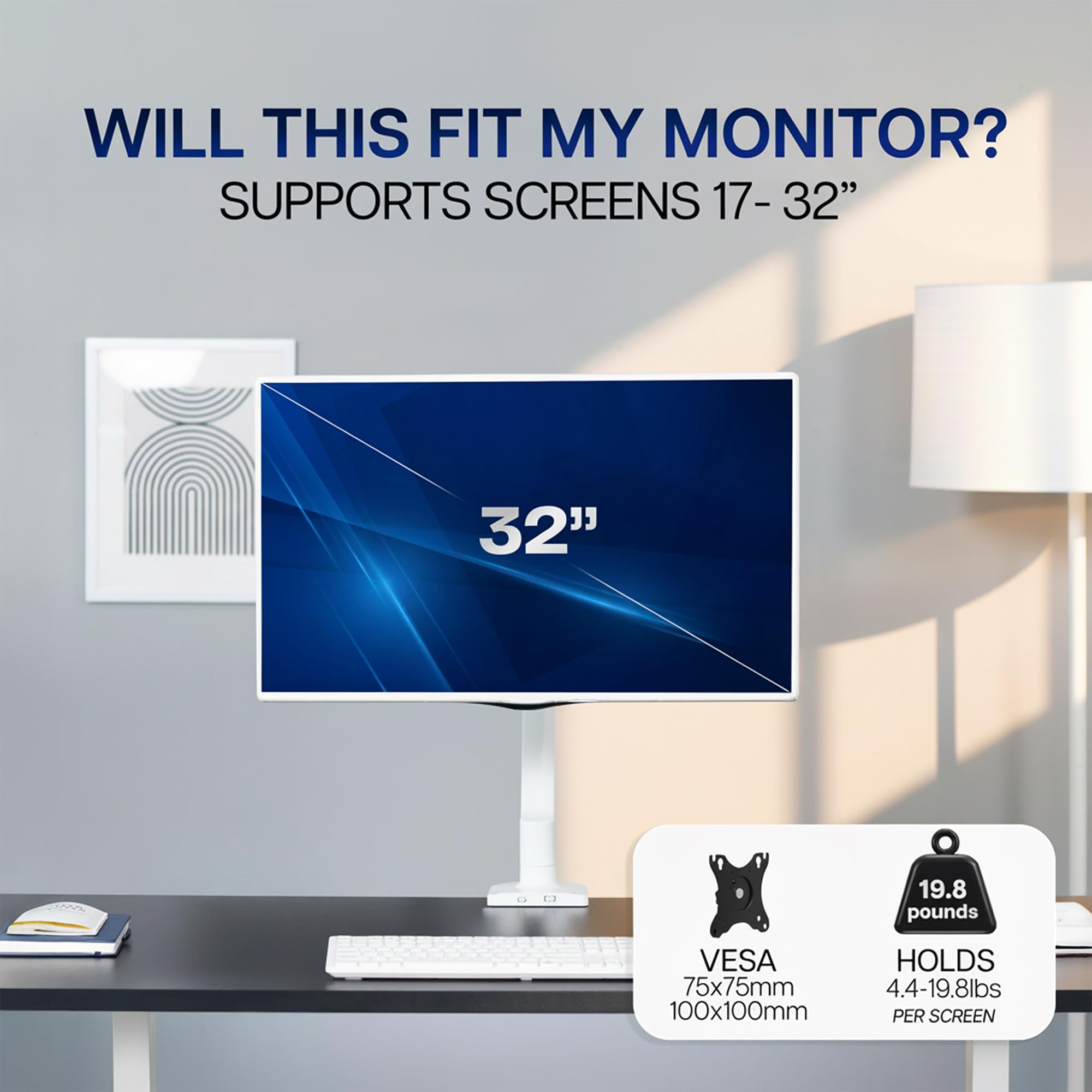 Single 17 to 32 inch Monitor Height Adjustable Counterbalance Mechanical Arm Desk Stand, Classic, Universal VESA Mount, White, STAND-V001OW